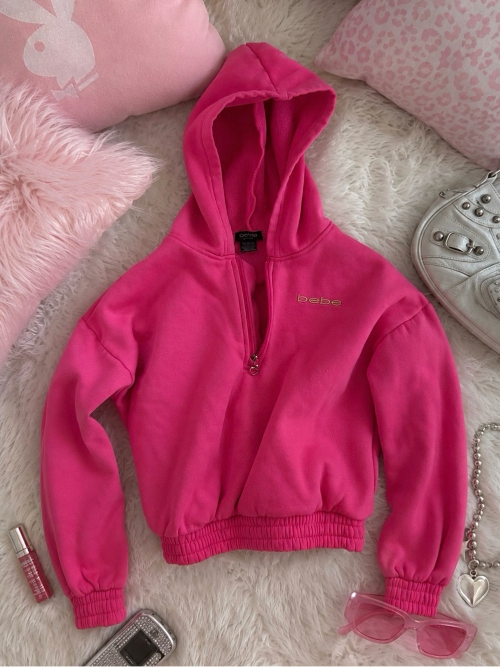 vintage y2k bebe hot pink cropped quarter zip hoodie